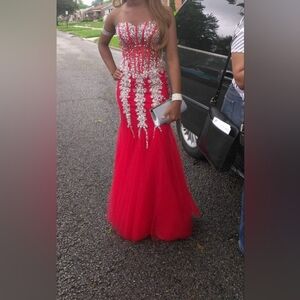 Jovani Red Corsette Embellished Strapless Gown